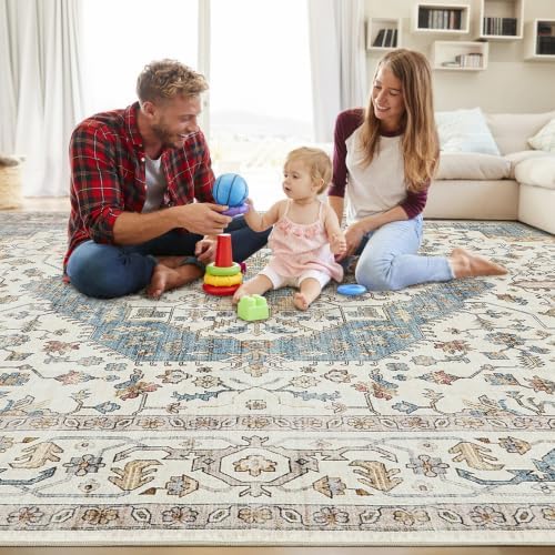 Vintage 5x7 Rugs for Living Room Washable Area Rug Blue/Beige - Image 4