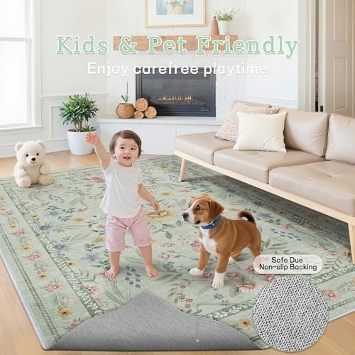 Green Floral Rug for Girls,6x9 Washable Botanical Bedroom Rug for Nursery, Playroom or Kids Room,Soft Non-Slip Carpet for Forest Themed Baby Room Decor - Image 5