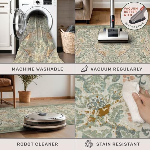 Hazo Haus Washable Sage Green Area Rugs 5x7 for Living Room, Bedroom Bedside, Dining Room, Office, Muted Cream Green Non Slip Stain Resistant Low Pile Botanical Floral Bird French Country Decor - Image 4