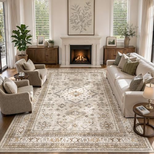 cotiled 7x9 Area Rug for Living Room, Washable, Traditional, Beige - Image 6