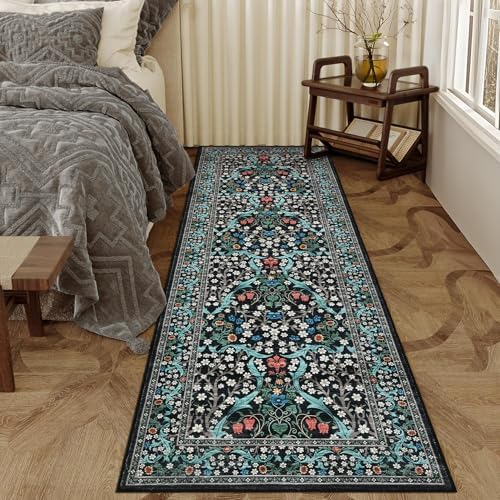 GarveeHome Floral Hallway Runner Rug, 2.5x8 Kitchen Runner Rugs, Washable Non Slip Entryway Rugs Indoor, Ultra-Thin Stain Resistant Carpet Floor Mat for Laundry Room, Black - Image 3