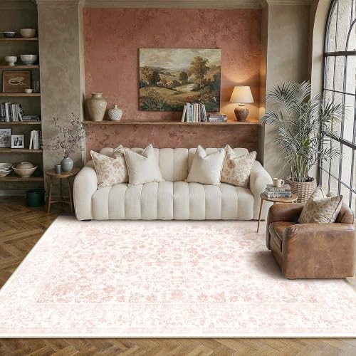 PureCozy 5x7 Pink Area Rug Washable Non Slip Vintage Living Room Carpet by PureCozy
