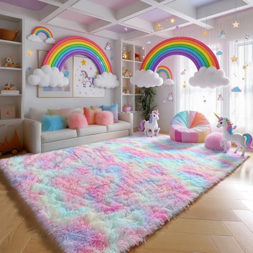 Fluffy Large Rainbow Carpets 6x9, Plush Soft Shaggy Rugs for Bedroom Girls - Image 3
