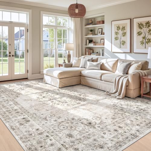 Area Rug 9x12 Vintage Rug: Large Washable Indoor Medallion Rugs Low Pile Distressed Floor Carpet Retro Accent Rug for Living Room Bedroom Kitchen Dining Table Home Office(Distressed Taupe, 9'x12') by ZomfyRugs
