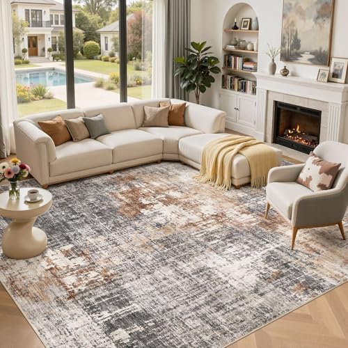 DMOYEST Area Rug Living Room Rugs - 11x14 Extra Large Soft Indoor Neutral Modern Abstract Low Pile Washable Rug Carpet for Bedroom Dining Room Farmhouse Home Office - Grey Brown by DMOYEST