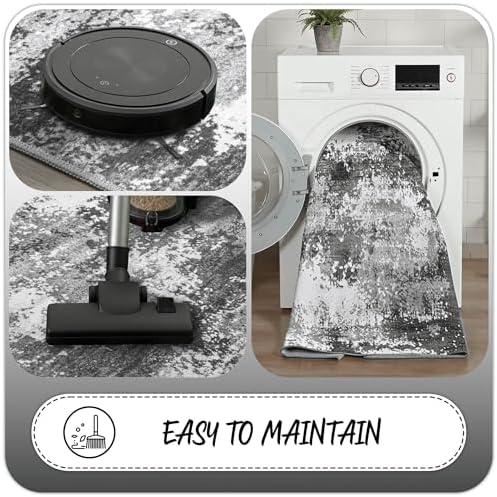 Washable 5 FT Round Rug Grey Circle Area Rugs for Entryway Kitchen, Non Slip Soft Low Pile Stain Resistant, Boho Circular Carpet for Living Room Bedroom Dorm Dining Room Table, Abstract Gray - Image 4
