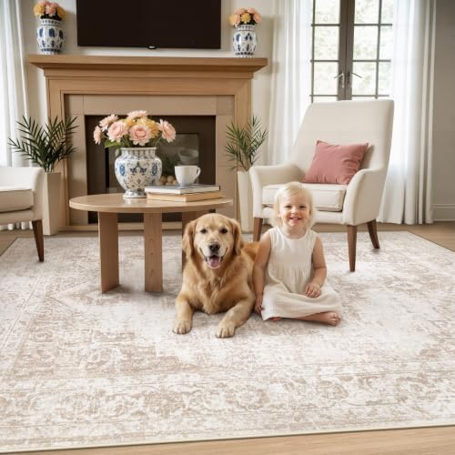 Area Rug 4x6 Vintage Rug: Washable Indoor Medallion Rugs Low Pile Distressed Floor Carpet Retro Accent Rug for Living Room Bedroom Kitchen Dining Table Home Office(Beige, 4'x6') - Image 4