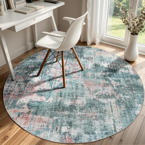 Sasttie 5ft Round Area Rug, Modern Abstract Circle Carpet, Pink & Green by SASTTIE