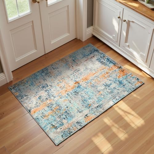 Entrance Rugs Indoor 2x3 Blue Entry Rug Washable Abstract Small Area Rug Non-Slip Low Pile Throw Rugs for Entryway, Kitchen Floor, Front Door Indoor Door Mat, Bathroom, Bedroom Bedside by OmpaaHomeDecor