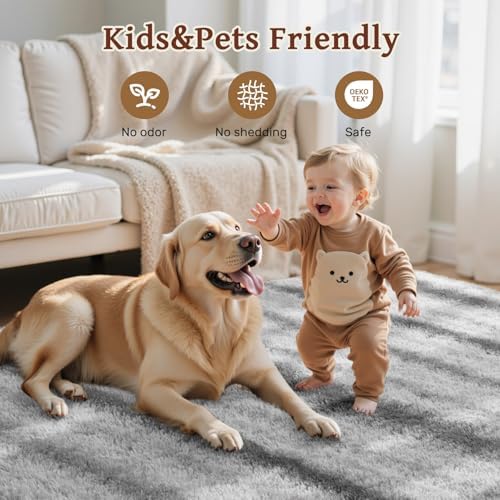 Area Rugs for Living Room 8x10 Feet, Soft Fluffy Shagg Plush Bedroom Rug Non-Slip,Large Carpet for Nursery Kids Dorm Home Decor Grey White Stripe - Image 5