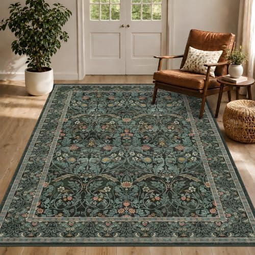 Dusty Teal Area Rug for Entryway Living Room, Floral Washable Rugs 5x7 for Bedroom, Dining Room, Moody Home Office Décor, Low Pile Non Slip Mat Indoor, Forest Botanical Pattern Carpet(Dark Green) by Evyhood