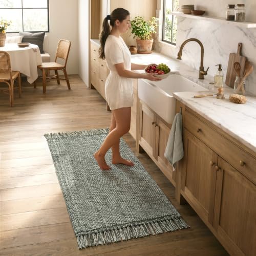 Collive Boho Sage Green Kitchen Runner Rug, 2' x 4.3' Washable Bathroom Rug by Collive