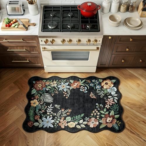 FMFUNCTEX 2x3 Washable Black Floral Vintage Flower Colorful Entryway Rug - Image 3