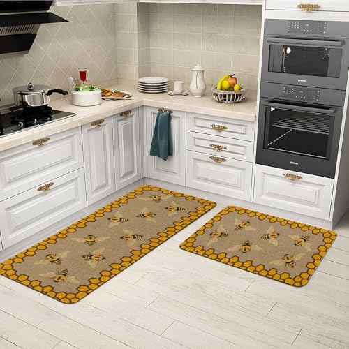 Summer Bee Kitchen Rugs Sets of 2 Non Slip Washable, Farmhouse Rustic Summer Kitchen Mats for Floor 2 Piece Home Decor - Image 4