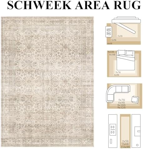 Schweek 6x9 Beige Area Rug Washable Neutral Distressed Rugs for Living Room - Image 2