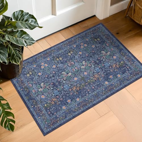 Navy Blue Washable 2x3 Entry Rug - Small Front Door Mats Indoor, Non-Slip Boho Bathroom Rugs, Vintage Dark Decor for Kitchen, Entryway by HazoHaus