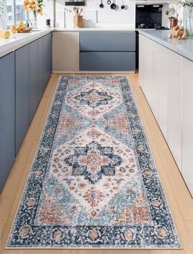 SERISSA 2x6 Washable Non Slip Boho Runner Rug for Hallway，Blue Orange by SERISSAHomeDecorCollection