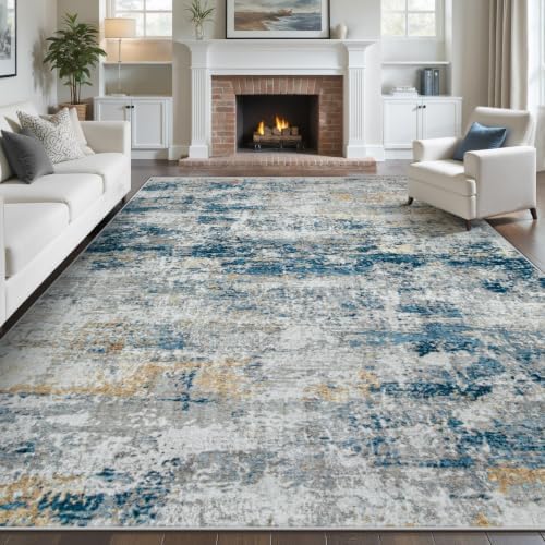 pmtsns Area Rugs 8x10 for Living Room: Washable Rug Modern Abstract Neutral Soft Non-Slip Low-Pile Indoor Large Carpet for Bedroom Dining Room Home Office Children's Room(BlueGreyGold, 8'x10') by pmtsns