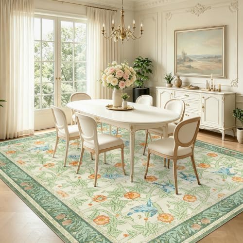 8x10 Washable Area Rug, Green Floral Vintage Rug for Living Room Bedroom - Image 4