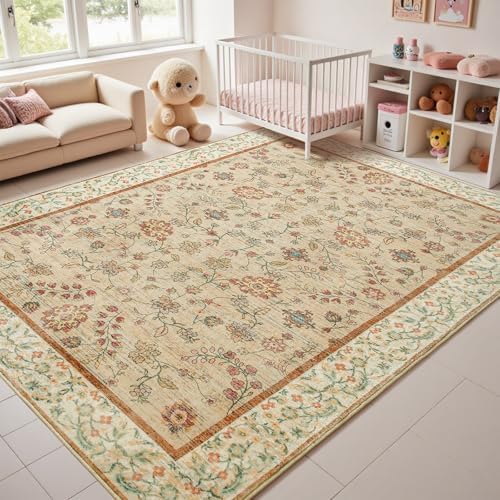 Goideal Beige Rug for Girls Room, 8x10 Floral Washable Area Rug Non Slip, Boho Low Pile Carpet with Rubber Backing for Bedroom Living Room Bathroom Playroom Nursery Office - Image 3