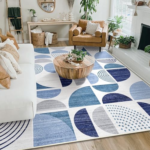 MUJOO Washable Rug 8x10 Blue,Large Area Rugs Non Slip Modern Abstract Boho - Image 3