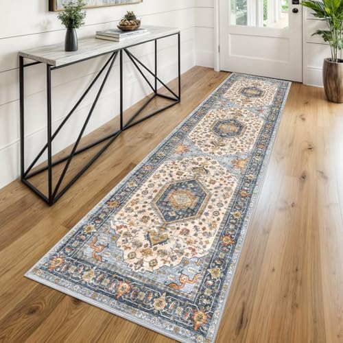 KUTA Vintage Washable Runner Rug, 2x8 Ivory Blue Runners for Hallways by KUTA