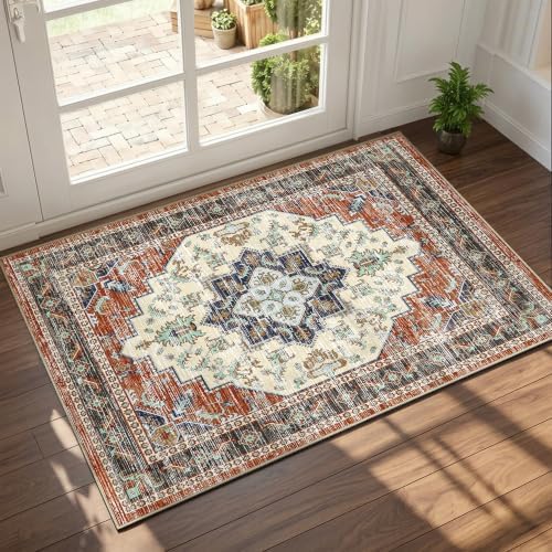 Area Rugs Small 2x3 Washable Non-Slip Boho Indoor Carpets, Taupe Red by tubeamin