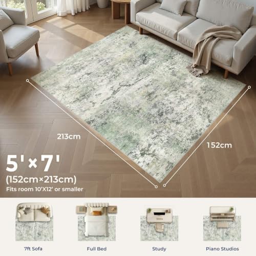 DMOYEST Area Rug Living Room Rugs - 5x7 Large Soft Indoor Neutral Modern Abstract Low Pile Washable Rug Carpet for Bedroom Dining Room Farmhouse Home Office - Green/Grey/Yellow - Image 2
