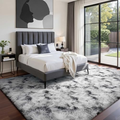5x7 Ft Large Shag Rugs for Bedroom Living Room Decor for Men Boys, Tie Dyed Ultra Soft Fluffy Furry Area Rug for Indoor Floor, Aesthetic Carpet for Home Decor (Black White) - Image 3