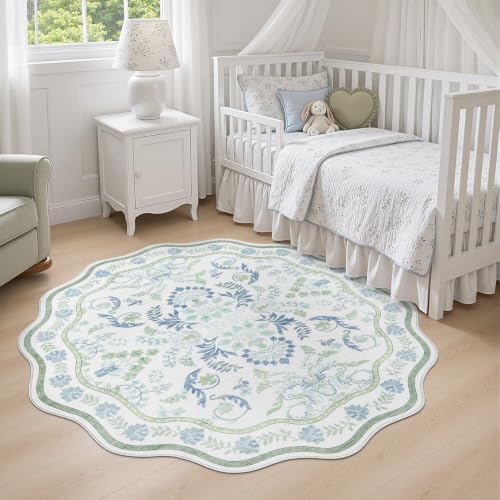 DCX Blue and Green 4x4 Rug, Washable Botanical Scalloped Round Rug - Image 3