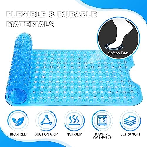Bathtub and Shower Mats, 40x16 Inch Extra Large Non Slip Soft Bath Tub Mat with Suction Cups and Drain Holes for Bathroom Floor, Machine Washable, Clear Blue - Image 5