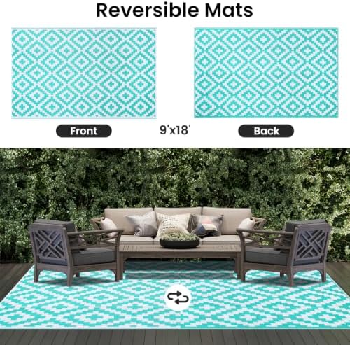 Smiry Outdoor Rug 9x18 ft Waterproof Reversible Boho Mat, White & Teal - Image 3