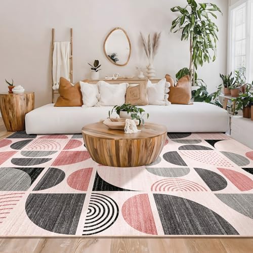 MUJOO Pink Washable Rugs 9x12,Boho Area Rugs Non Slip Modern Abstract - Image 2