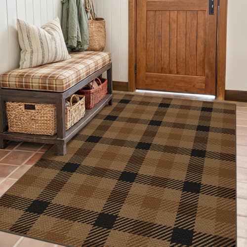 JTJ Easy Jute Checkered Rug 4x6, Brown & Black, Washable Indoor Outdoor Rug by JTJ