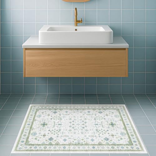 Washable Boho Bathroom Rug 2x3 - Small Throw Area Rugs for Powder Room, Laundry, Kitchen, Blue and Green Oushak Modern Eclectic Geometric Floral Pastel Decor, Low Pile Non-Slip Stain Resistant - Image 3