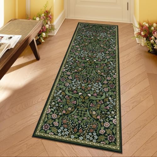 Moynesa Green Floral 2x6 Runner Rug for Hallway, Vintage Kitchen Runner by Moynesa