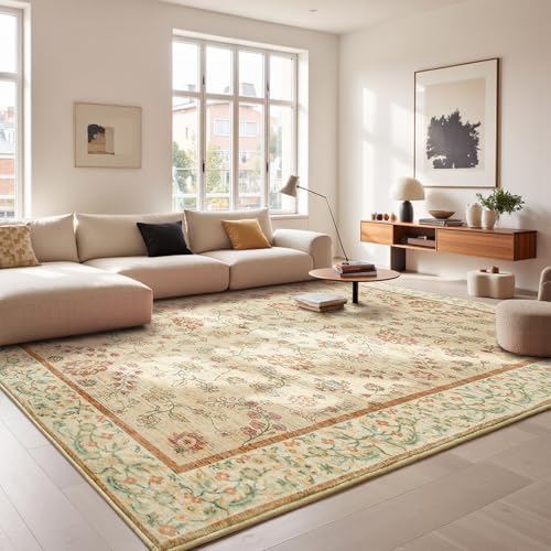 Goideal Beige Rug for Girls Room, 8x10 Floral Washable Area Rug Non Slip, Boho Low Pile Carpet with Rubber Backing for Bedroom Living Room Bathroom Playroom Nursery Office by Goideal