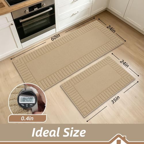 BEQHAUSE Kitchen Rugs Non Slip Washable 2PCS, 24"x35"+24"x60", Beige - Image 2