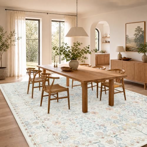 SparkleGaze Vintage White Ivory Beige Floral Living Room Rug, 8x10 Washable Area Rugs for Dining Room Under Kitchen Table, Bedroom, Farmhouse Ultra Soft Low Pile Stain Resistant Non-Slip Large Carpet - Image 5