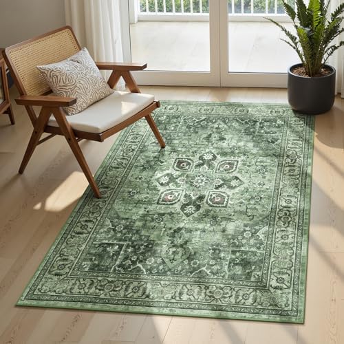 Sage Green Vintage 3x5 Entryway Rug, Vintage Farmhouse Boho Carpet by Vibrug