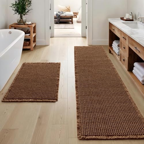 MIULEE Set of 2 Waffle Bathroom Rugs Boho Bath Mat Mocha 17"x24"+17"x48" by MIULEE