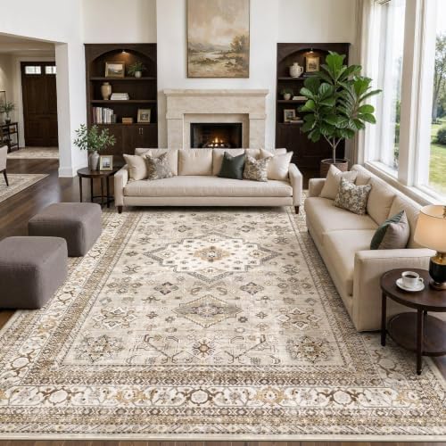 cotiled 12x15 Area Rug for Living Room, Washable, Traditional, Beige by COTILED
