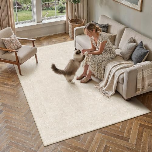 PureCozy 6x9 Beige Area Rug Washable Non Slip Vintage Living Room Carpet by PureCozy