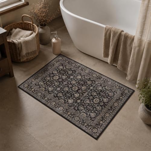 JOOJA 2x3 Black Gold Vintage Low Pile Non Slip Washable Boho Entryway Rug - Image 2