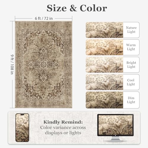 Distressed Brown Living Room Rug 6x9, Washable Non Slip Rug for Dining Room Under Table, Low Pile Thin Carpet Rugs for Den Bedrom Home Office, Vintage Medallion Earth Tone Taupe Brown Black - Image 2