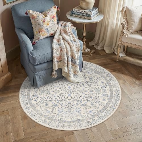 PureCozy 4ft Blue Floral Small Round Area Rug Vintage Farmhouse Style - Image 2