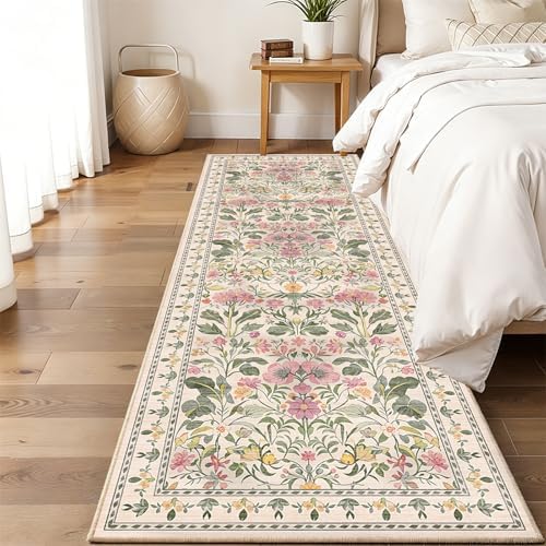 2x6 Soft Washable Runner Rugs: Velvet Feel & 5-10 Degrees Warmer Underfoot - Cottagecore Floral Hallway Carpet for Bedroom Kitchen Entryway - Family & Pet Friendly (Blush Pink) - Image 2