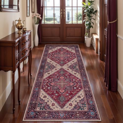 2x6 Washable Runner Rug for Hallways, Vintage Non Slip Rug Runners Burgundy by Tangsoo