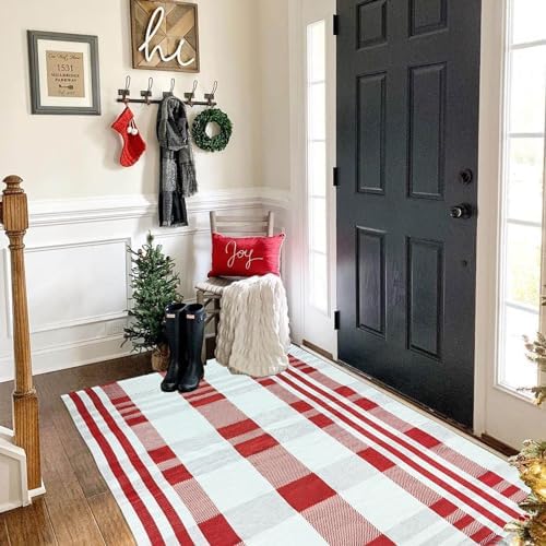 Christmas Plaid Outdoor Rug, 3' x 5' Red&White Check Indoor/Outdoor Area Rug, Layering Rug for Hello/Welcome Door Mat, Machine Washable Cotton Woven Rug for Farmhouse Front Porch, Entryway - Image 6