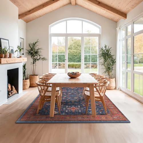 Washable Navy Blue Living Room Rug, 8x10 Area Rug For Bedroom, Dining Room Rugs for Under Table - Low Pile Non-Slip Rubber Backing Stain Resistant Rug - Aethestic Boho Home Decor (8x10 Navy Blue) - Image 3